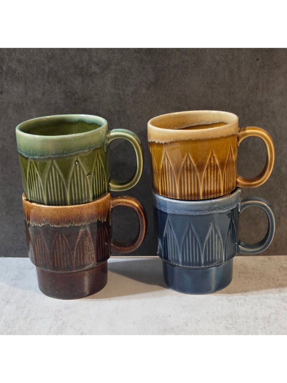 Vintage MCM Stacking Coffee Mugs Set of 4 Drip Glaze Japan Cathedral Arch Retro